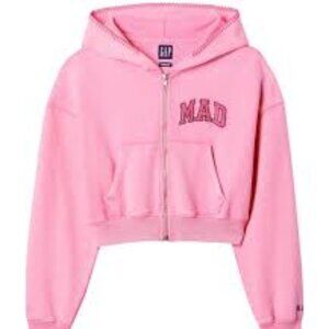 NWT: Mad Happy X GapFull Zip Crop Hoodie Sweatshirt Pink Embroidered Logo
